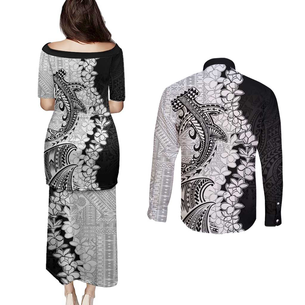 Polynesian Plumeria Lei Couples Matching Puletasi and Long Sleeve Button Shirt with Hammerhead Shark