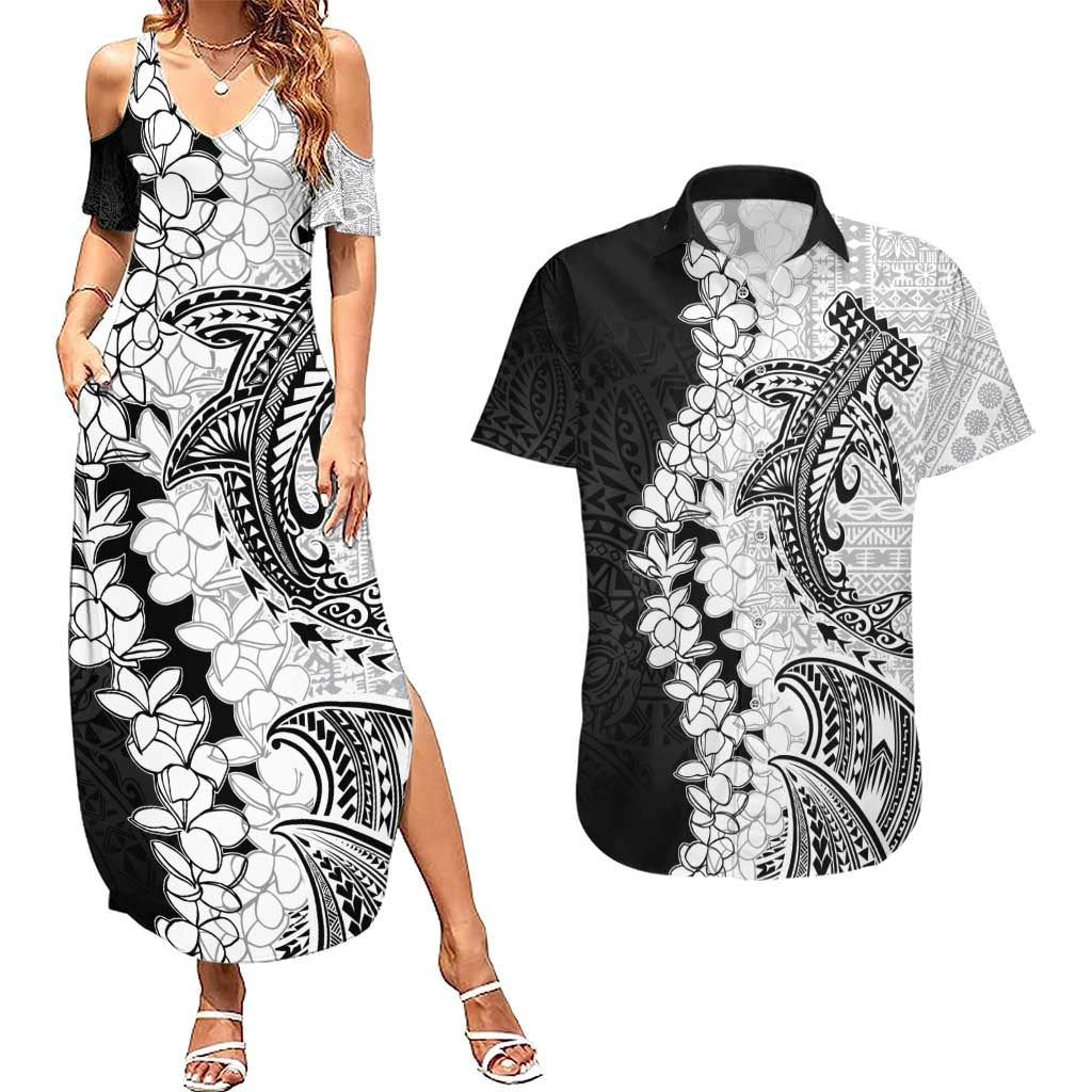 Polynesian Plumeria Lei Couples Matching Summer Maxi Dress and Hawaiian Shirt with Hammerhead Shark