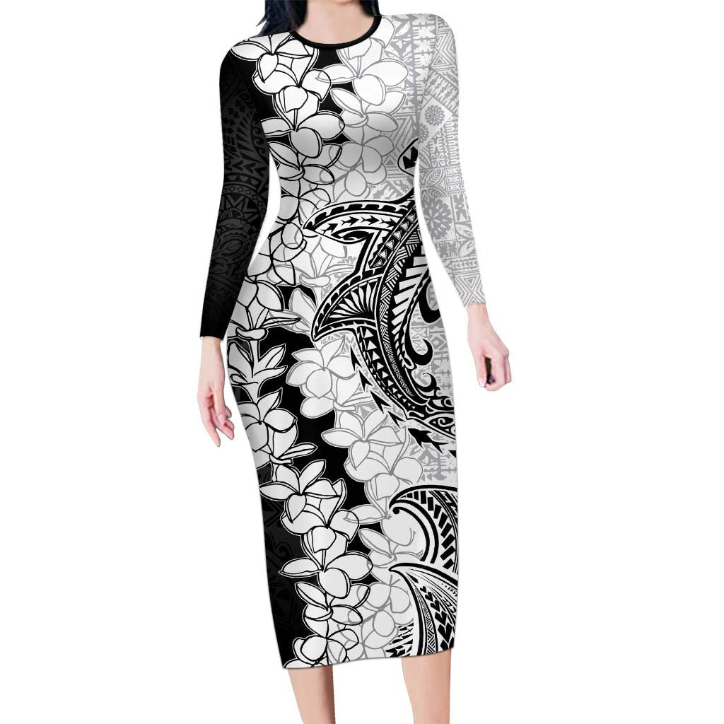 Polynesian Plumeria Lei Family Matching Long Sleeve Bodycon Dress and Hawaiian Shirt with Hammerhead Shark LT7 Mom's Dress Black - Polynesian Pride