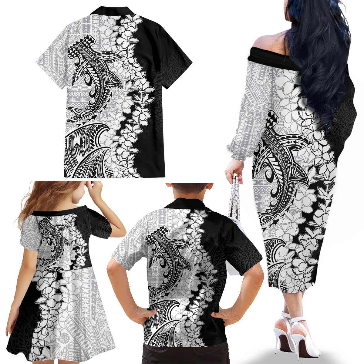Polynesian Plumeria Lei Family Matching Off The Shoulder Long Sleeve Dress and Hawaiian Shirt with Hammerhead Shark LT7 - Polynesian Pride