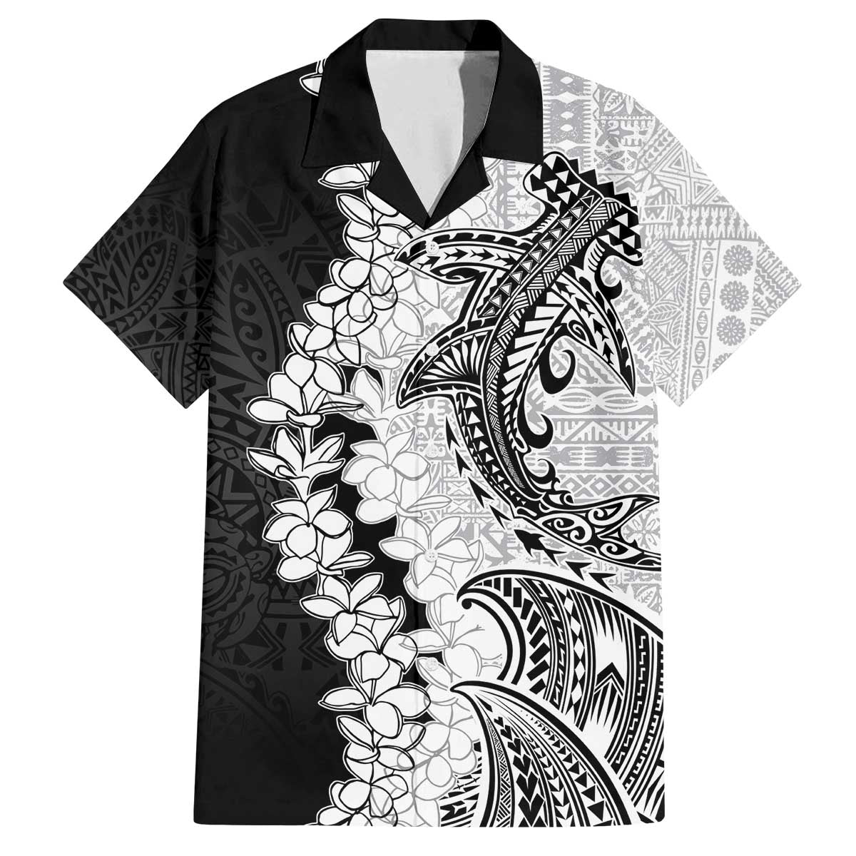 Polynesian Plumeria Lei Family Matching Off The Shoulder Long Sleeve Dress and Hawaiian Shirt with Hammerhead Shark LT7 Dad's Shirt - Short Sleeve Black - Polynesian Pride