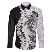 Polynesian Plumeria Lei Family Matching Off The Shoulder Long Sleeve Dress and Hawaiian Shirt with Hammerhead Shark LT7 Dad's Shirt - Long Sleeve Black - Polynesian Pride