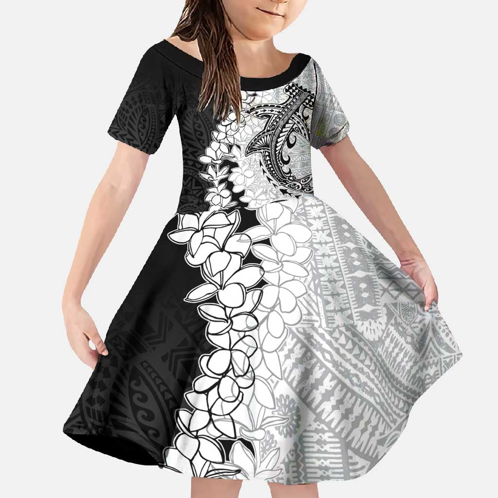 Polynesian Plumeria Lei Family Matching Short Sleeve Bodycon Dress and Hawaiian Shirt with Hammerhead Shark LT7 Daughter's Dress Black - Polynesian Pride
