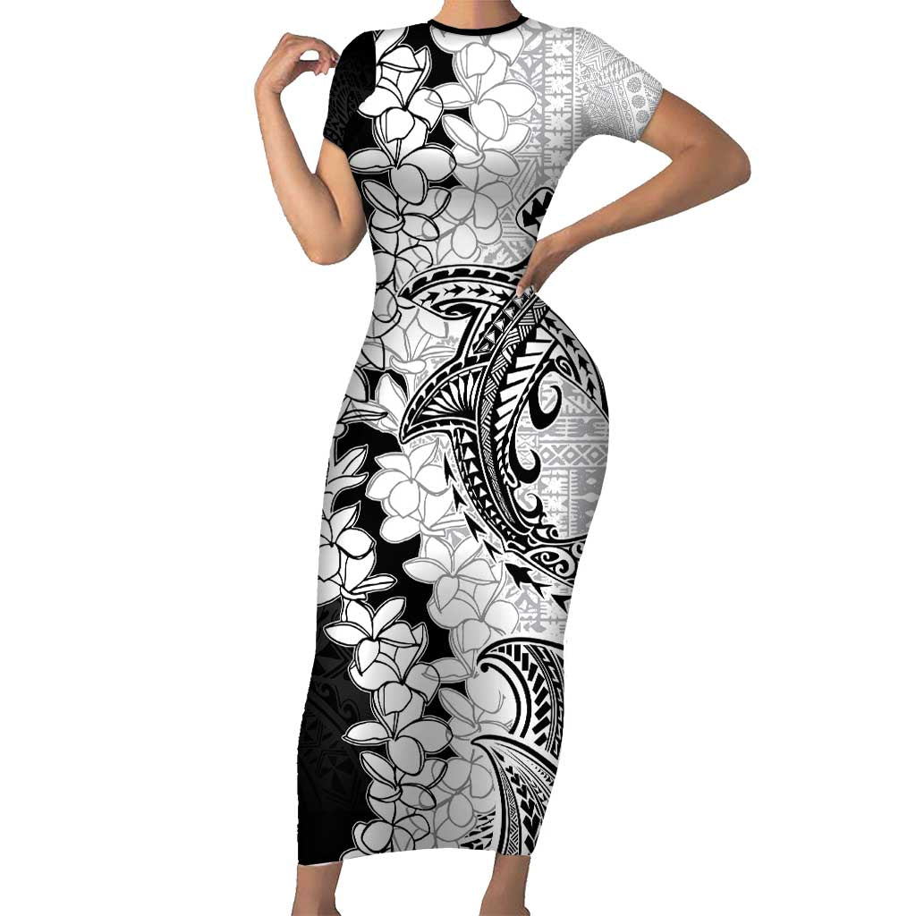 Polynesian Plumeria Lei Family Matching Short Sleeve Bodycon Dress and Hawaiian Shirt with Hammerhead Shark LT7 Mom's Dress Black - Polynesian Pride