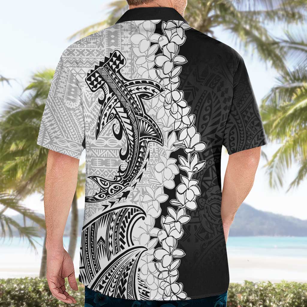 Polynesian Plumeria Lei Hawaiian Shirt with Hammerhead Shark