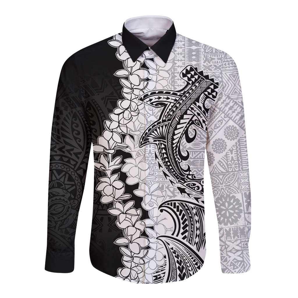 Polynesian Plumeria Lei Long Sleeve Button Shirt with Hammerhead Shark LT7 Unisex Black - Polynesian Pride