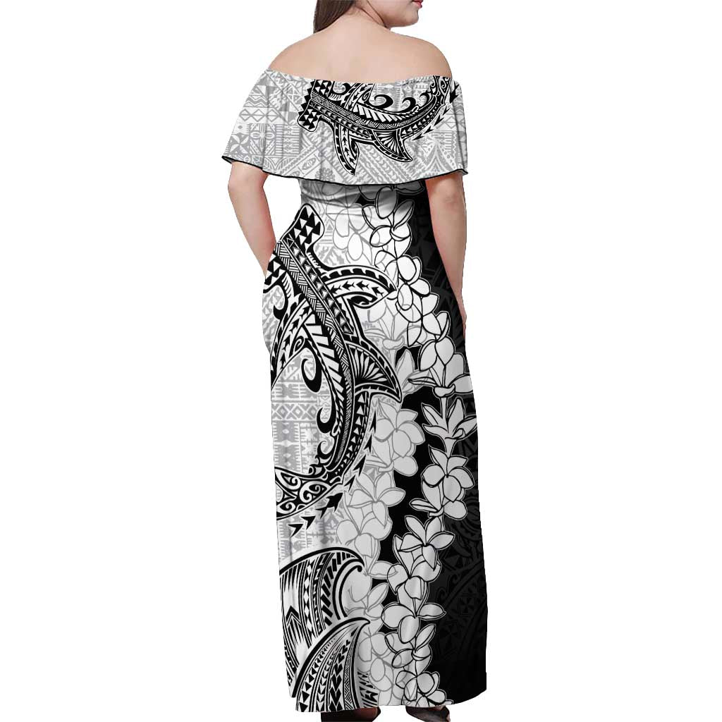 Polynesian Plumeria Lei Off Shoulder Maxi Dress with Hammerhead Shark