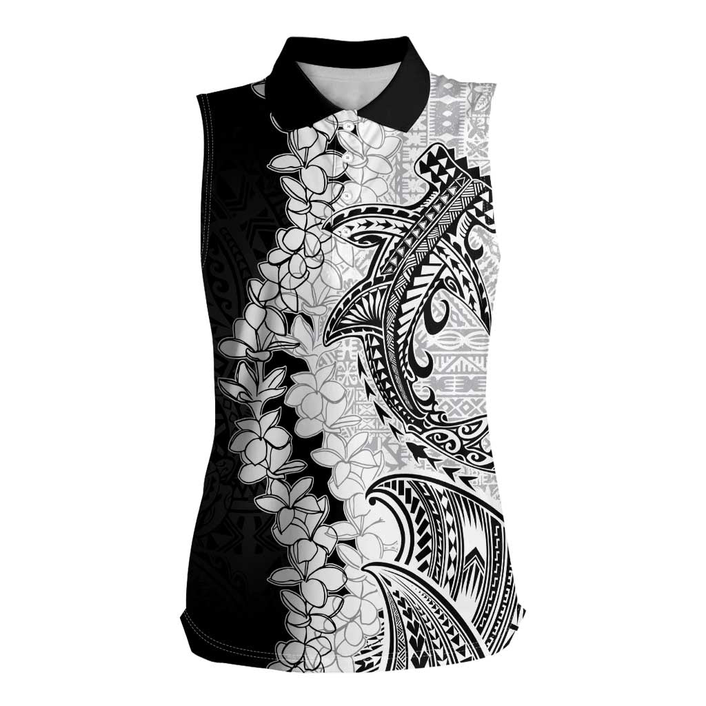 Polynesian Plumeria Lei Women Sleeveless Polo Shirt with Hammerhead Shark