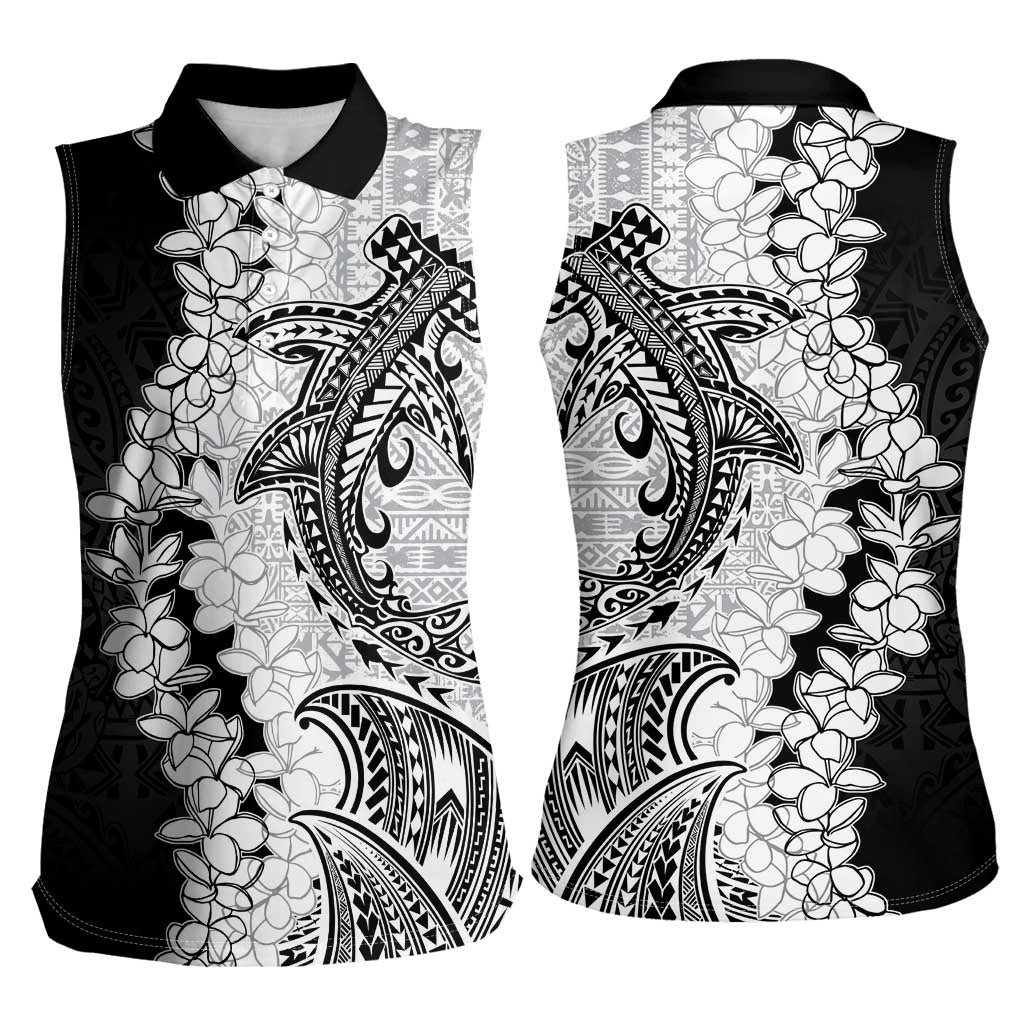 Polynesian Plumeria Lei Women Sleeveless Polo Shirt with Hammerhead Shark