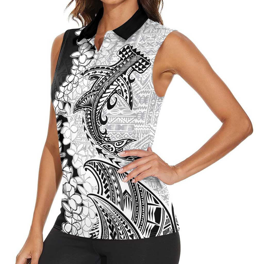 Polynesian Plumeria Lei Women Sleeveless Polo Shirt with Hammerhead Shark