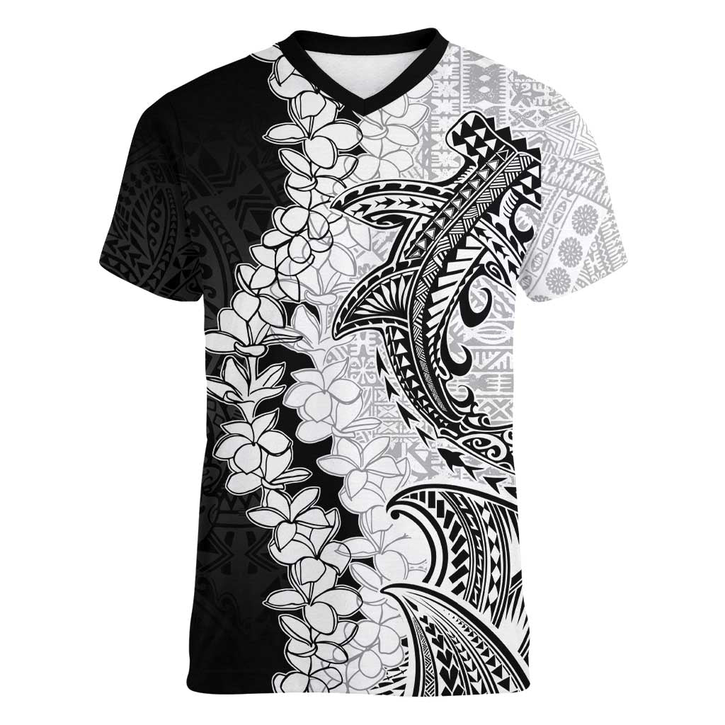 Polynesian Plumeria Lei Women V-Neck T-Shirt with Hammerhead Shark
