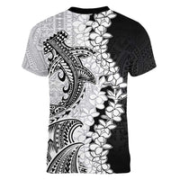 Polynesian Plumeria Lei Women V-Neck T-Shirt with Hammerhead Shark