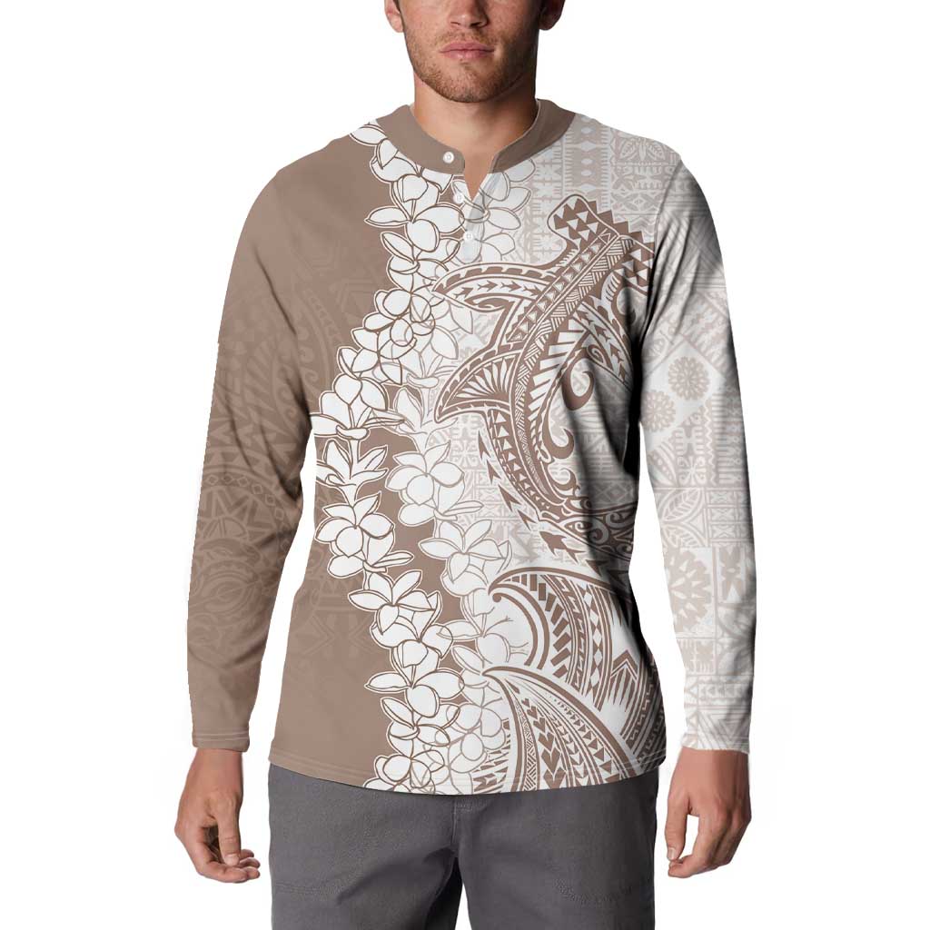 Polynesian Beige Plumeria Lei Button Sweatshirt with Hammerhead Shark