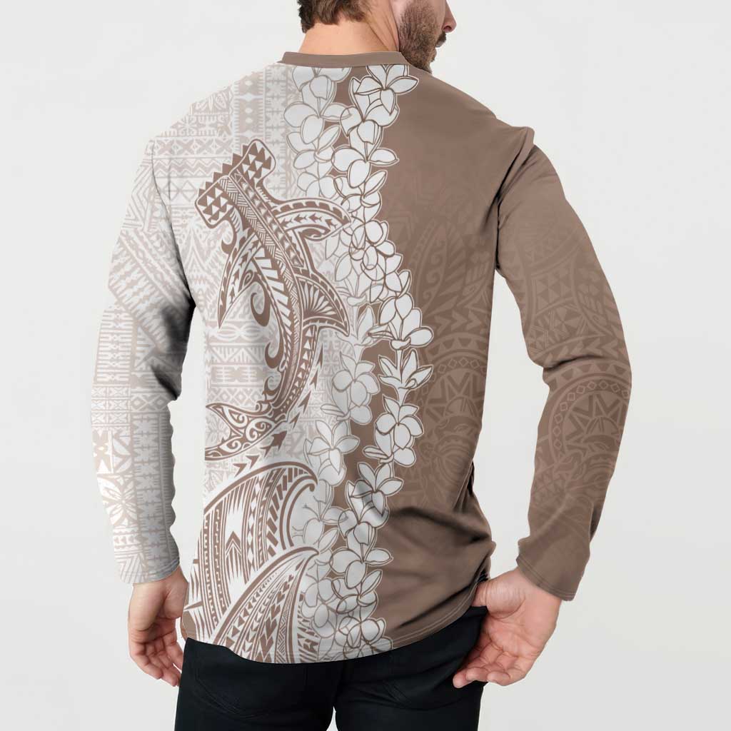 Polynesian Beige Plumeria Lei Button Sweatshirt with Hammerhead Shark