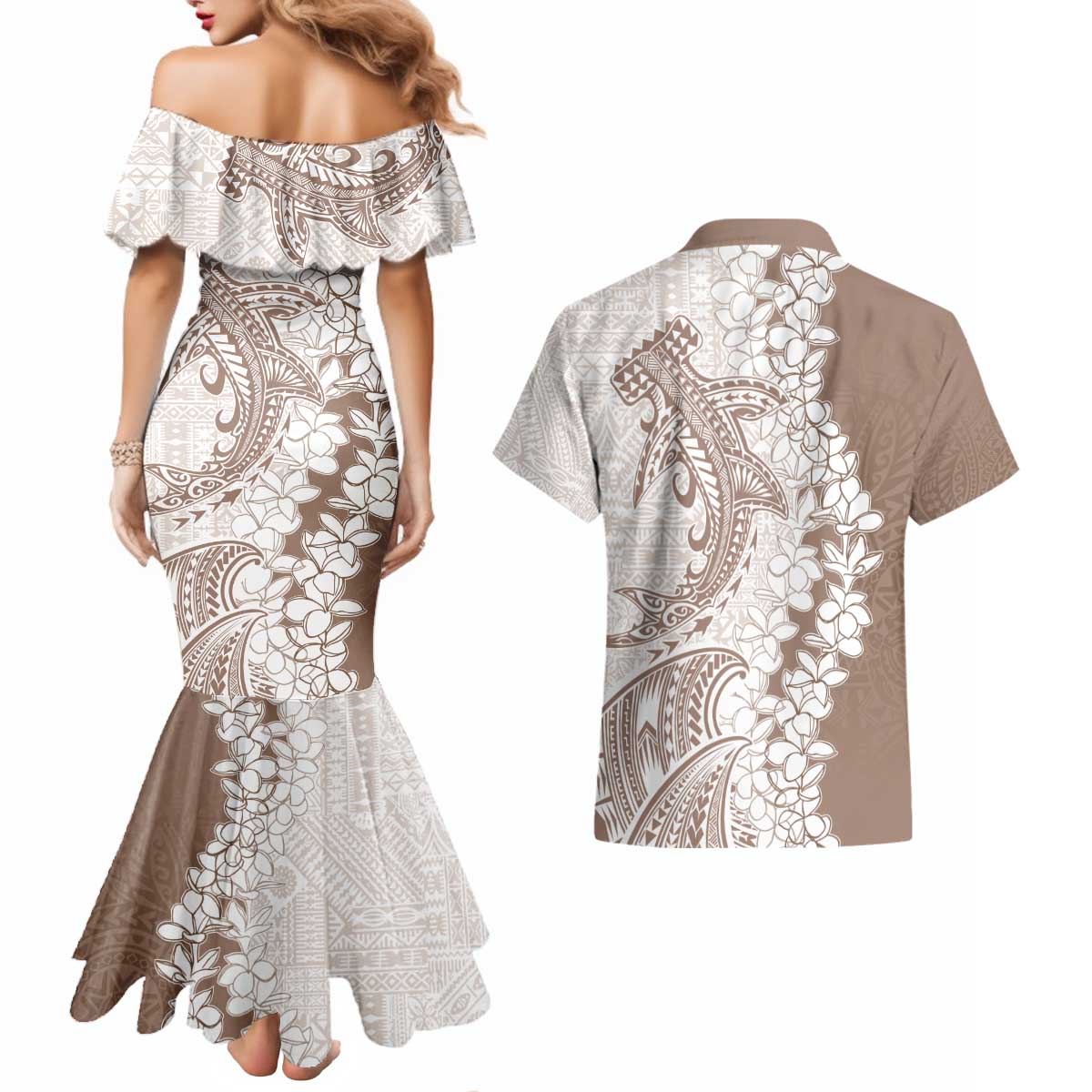 Polynesian Beige Plumeria Lei Couples Matching Mermaid Dress and Hawaiian Shirt with Hammerhead Shark