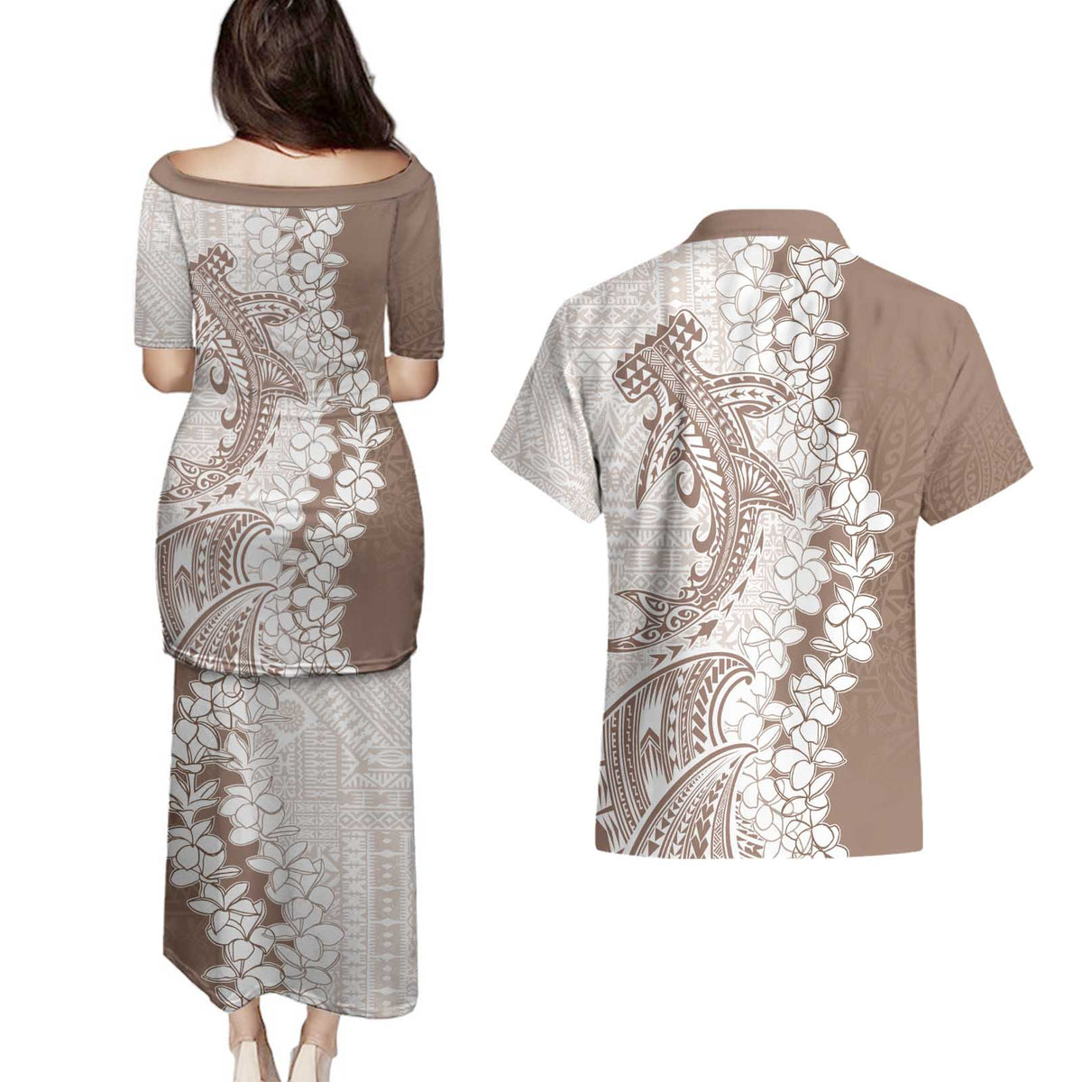 Polynesian Beige Plumeria Lei Couples Matching Puletasi and Hawaiian Shirt with Hammerhead Shark