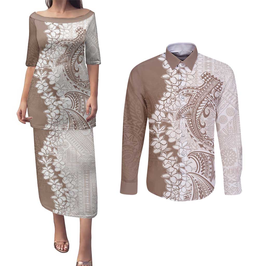 Polynesian Beige Plumeria Lei Couples Matching Puletasi and Long Sleeve Button Shirt with Hammerhead Shark