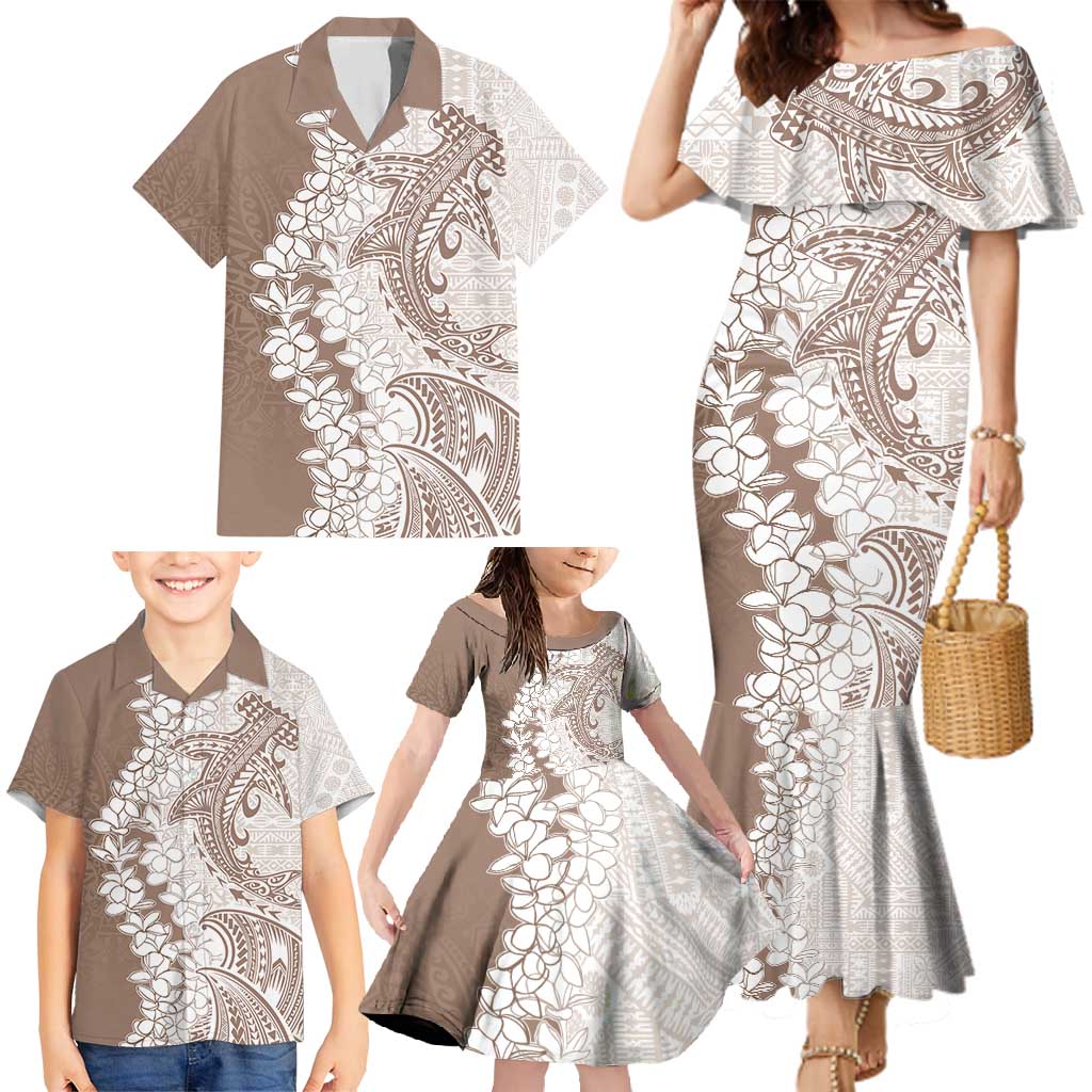 Polynesian Beige Plumeria Lei Family Matching Mermaid Dress and Hawaiian Shirt with Hammerhead Shark LT7 - Polynesian Pride