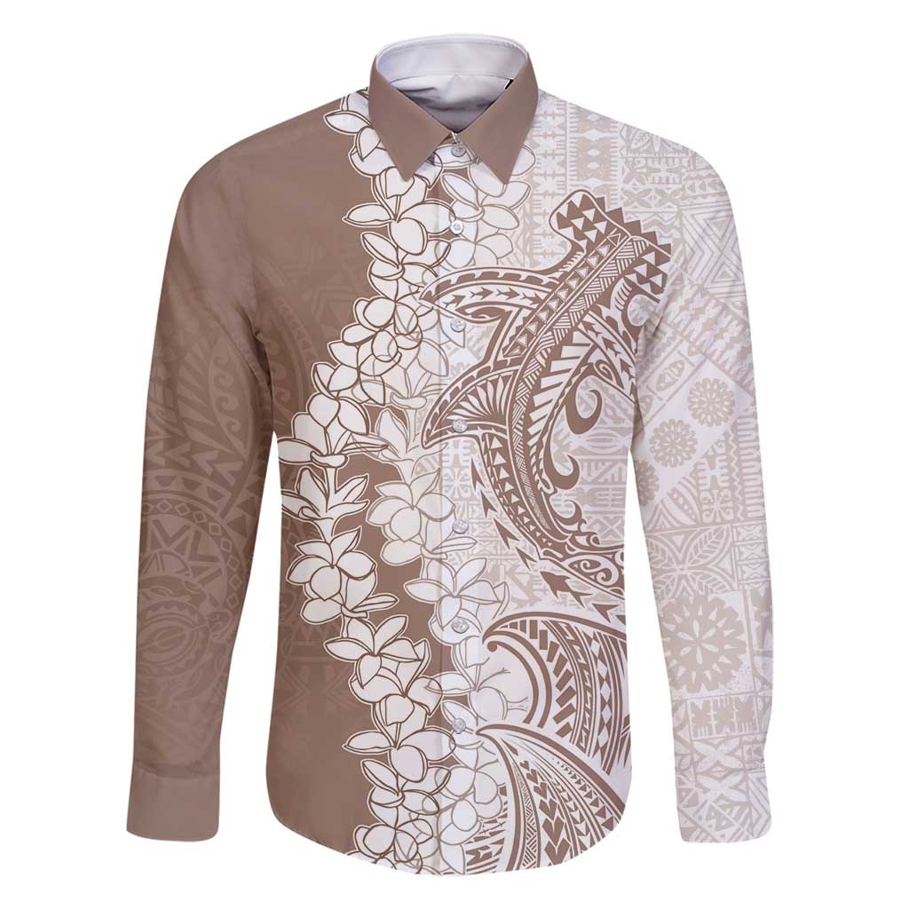 Polynesian Beige Plumeria Lei Family Matching Mermaid Dress and Hawaiian Shirt with Hammerhead Shark LT7 Dad's Shirt - Long Sleeve Beige - Polynesian Pride
