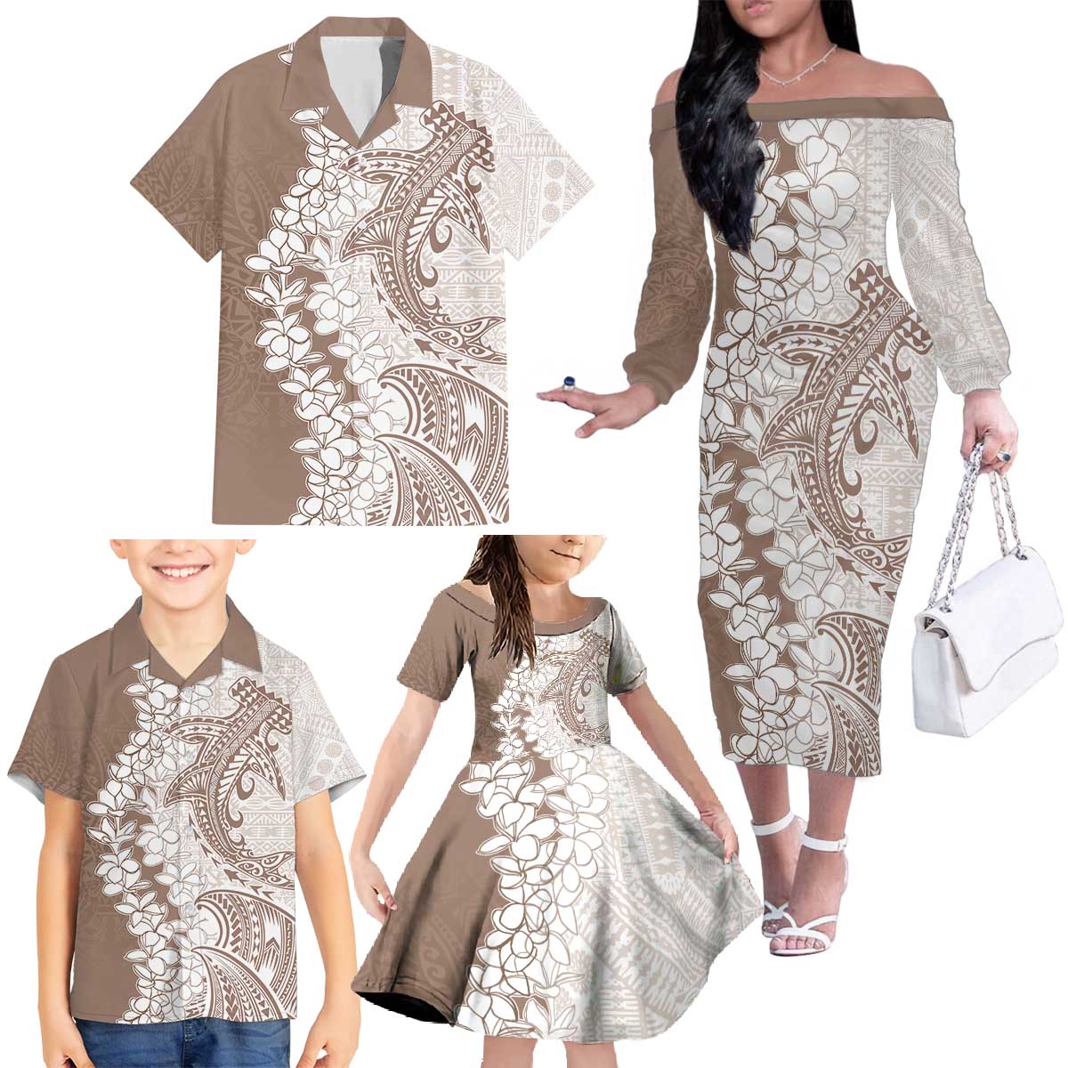 Polynesian Beige Plumeria Lei Family Matching Off The Shoulder Long Sleeve Dress and Hawaiian Shirt with Hammerhead Shark LT7 - Polynesian Pride
