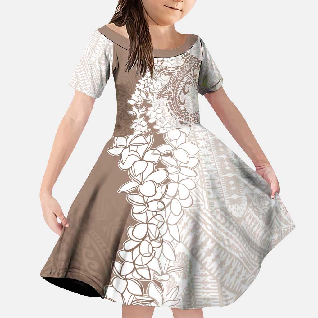 Polynesian Beige Plumeria Lei Family Matching Off Shoulder Maxi Dress and Hawaiian Shirt with Hammerhead Shark LT7 Daughter's Dress Beige - Polynesian Pride