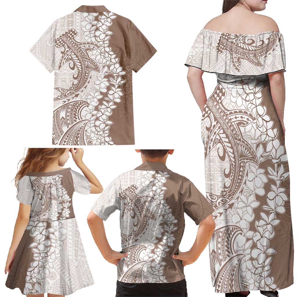 Polynesian Beige Plumeria Lei Family Matching Off Shoulder Maxi Dress and Hawaiian Shirt with Hammerhead Shark LT7 - Polynesian Pride