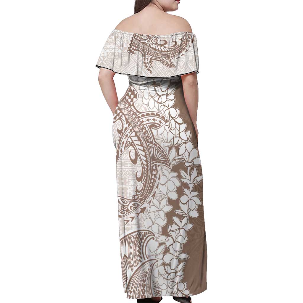 Polynesian Beige Plumeria Lei Family Matching Off Shoulder Maxi Dress and Hawaiian Shirt with Hammerhead Shark LT7 - Polynesian Pride