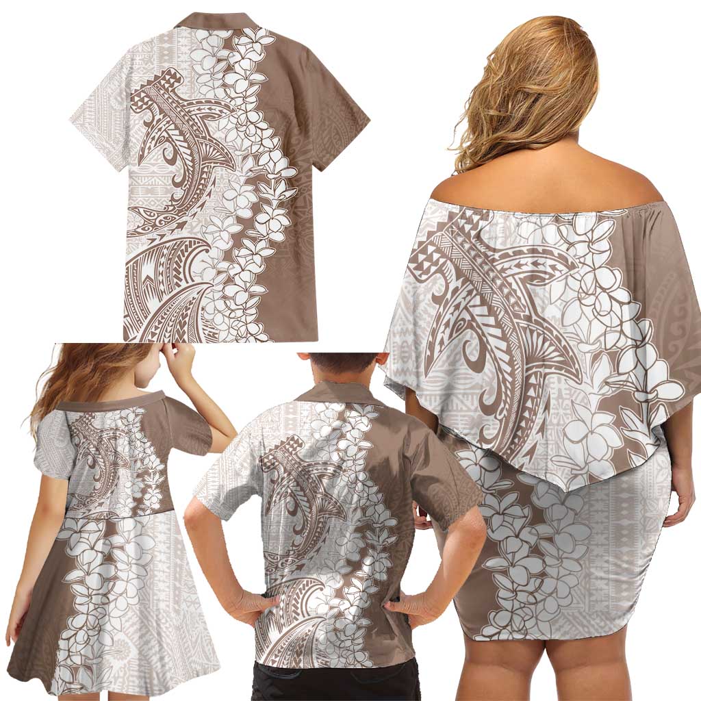Polynesian Beige Plumeria Lei Family Matching Off Shoulder Short Dress and Hawaiian Shirt with Hammerhead Shark LT7 - Polynesian Pride
