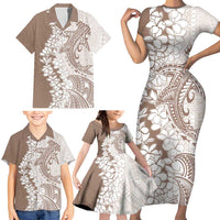 Polynesian Beige Plumeria Lei Family Matching Short Sleeve Bodycon Dress and Hawaiian Shirt with Hammerhead Shark LT7 - Polynesian Pride