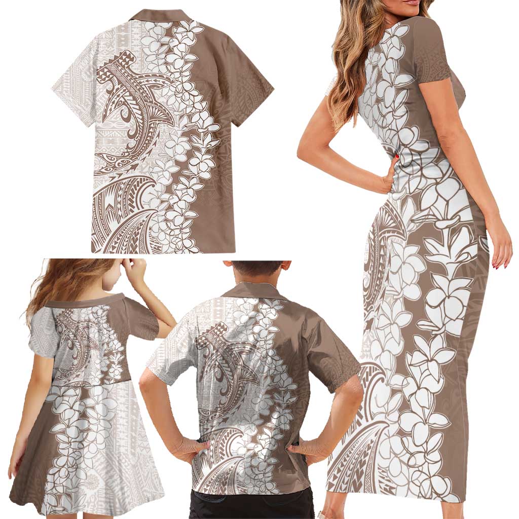 Polynesian Beige Plumeria Lei Family Matching Short Sleeve Bodycon Dress and Hawaiian Shirt with Hammerhead Shark LT7 - Polynesian Pride