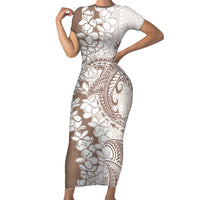 Polynesian Beige Plumeria Lei Family Matching Short Sleeve Bodycon Dress and Hawaiian Shirt with Hammerhead Shark LT7 Mom's Dress Beige - Polynesian Pride