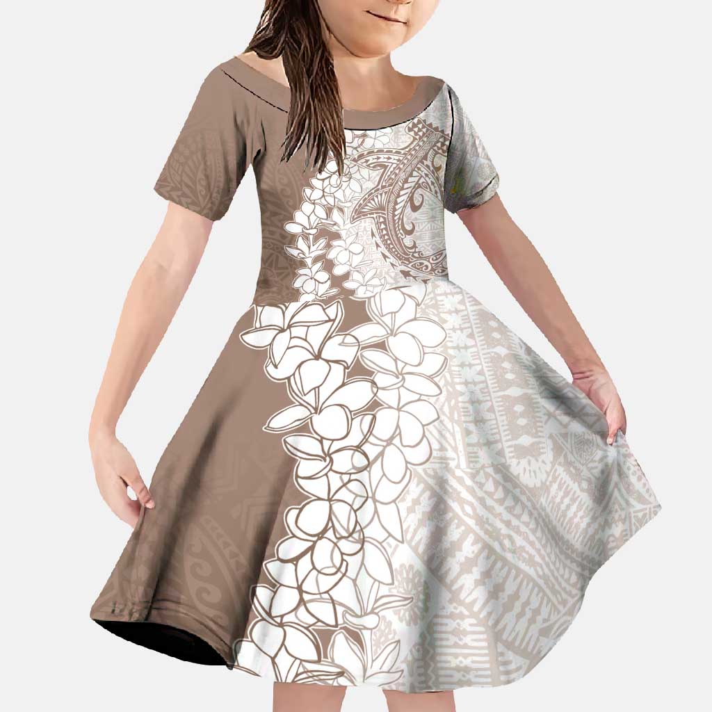Polynesian Beige Plumeria Lei Family Matching Summer Maxi Dress and Hawaiian Shirt with Hammerhead Shark LT7 Daughter's Dress Beige - Polynesian Pride