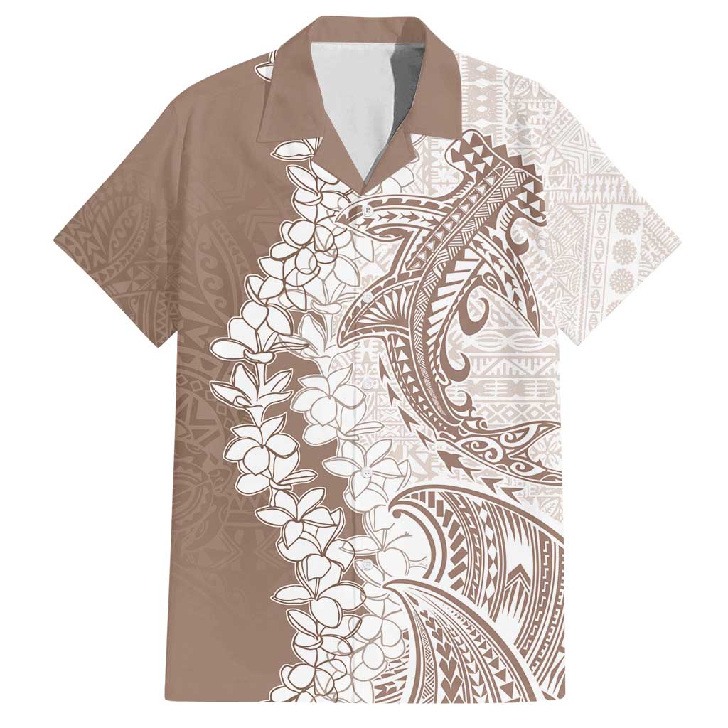 Polynesian Beige Plumeria Lei Family Matching Summer Maxi Dress and Hawaiian Shirt with Hammerhead Shark LT7 Dad's Shirt - Short Sleeve Beige - Polynesian Pride