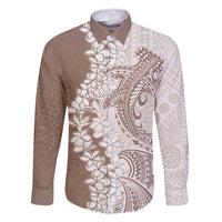 Polynesian Beige Plumeria Lei Family Matching Summer Maxi Dress and Hawaiian Shirt with Hammerhead Shark LT7 Dad's Shirt - Long Sleeve Beige - Polynesian Pride
