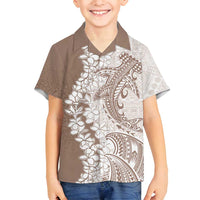 Polynesian Beige Plumeria Lei Family Matching Tank Maxi Dress and Hawaiian Shirt with Hammerhead Shark LT7 Son's Shirt Beige - Polynesian Pride