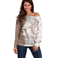 Polynesian Beige Plumeria Lei Off Shoulder Sweater with Hammerhead Shark LT7 Women Beige - Polynesian Pride