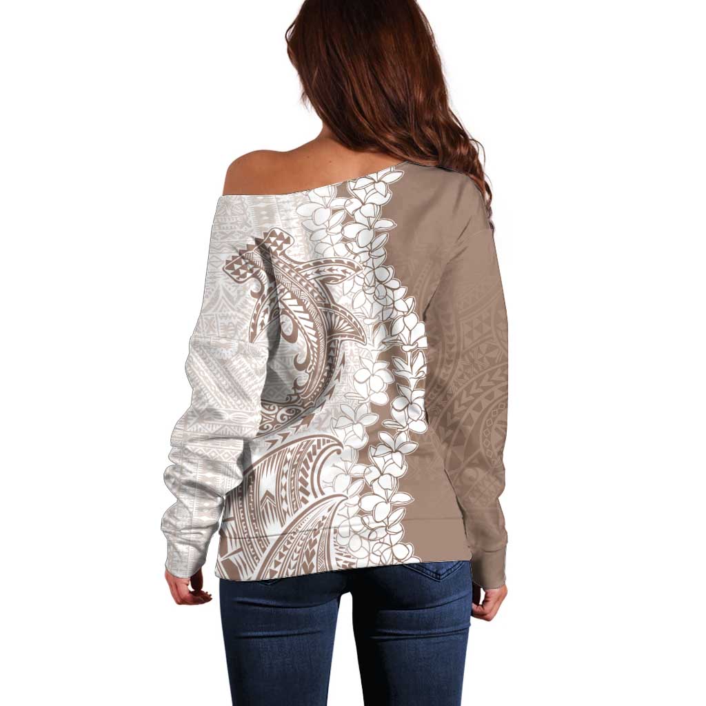 Polynesian Beige Plumeria Lei Off Shoulder Sweater with Hammerhead Shark LT7 - Polynesian Pride