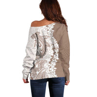 Polynesian Beige Plumeria Lei Off Shoulder Sweater with Hammerhead Shark LT7 - Polynesian Pride