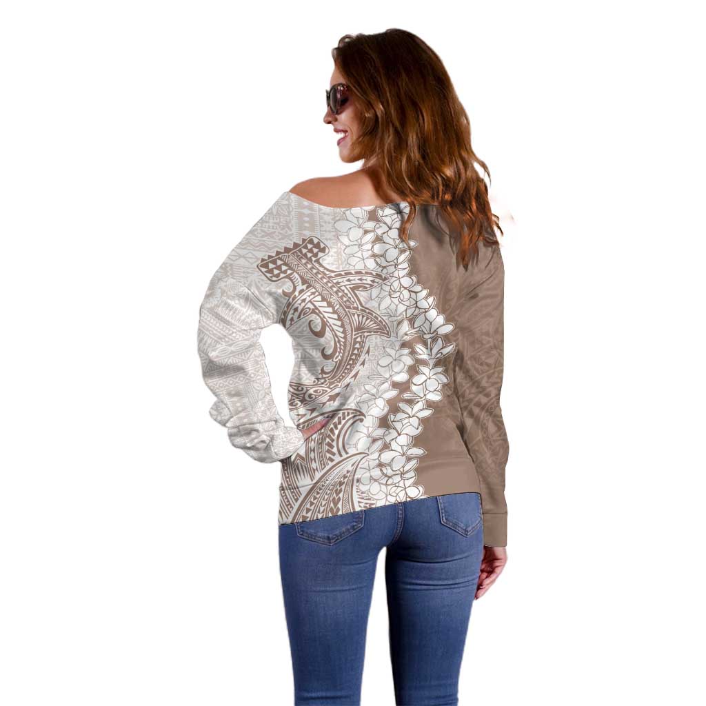 Polynesian Beige Plumeria Lei Off Shoulder Sweater with Hammerhead Shark LT7 - Polynesian Pride