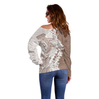Polynesian Beige Plumeria Lei Off Shoulder Sweater with Hammerhead Shark LT7 - Polynesian Pride