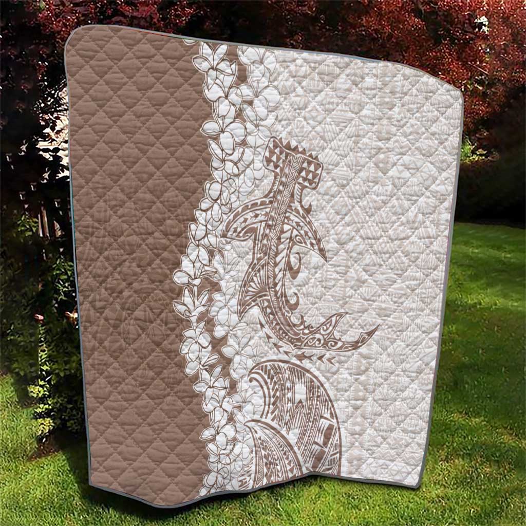 Polynesian Beige Plumeria Lei Quilt with Hammerhead Shark