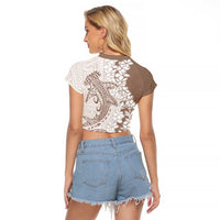 Polynesian Beige Plumeria Lei Raglan Cropped T Shirt with Hammerhead Shark
