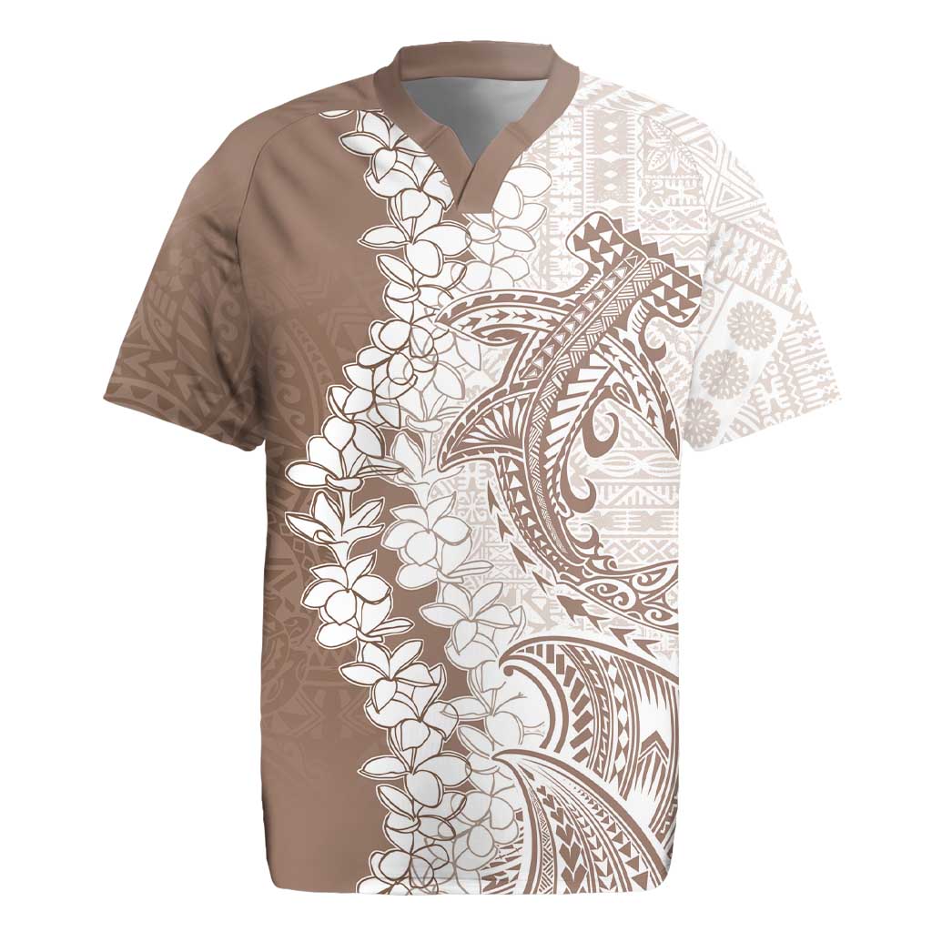 Polynesian Beige Plumeria Lei Rugby Jersey with Hammerhead Shark LT7 Beige - Polynesian Pride
