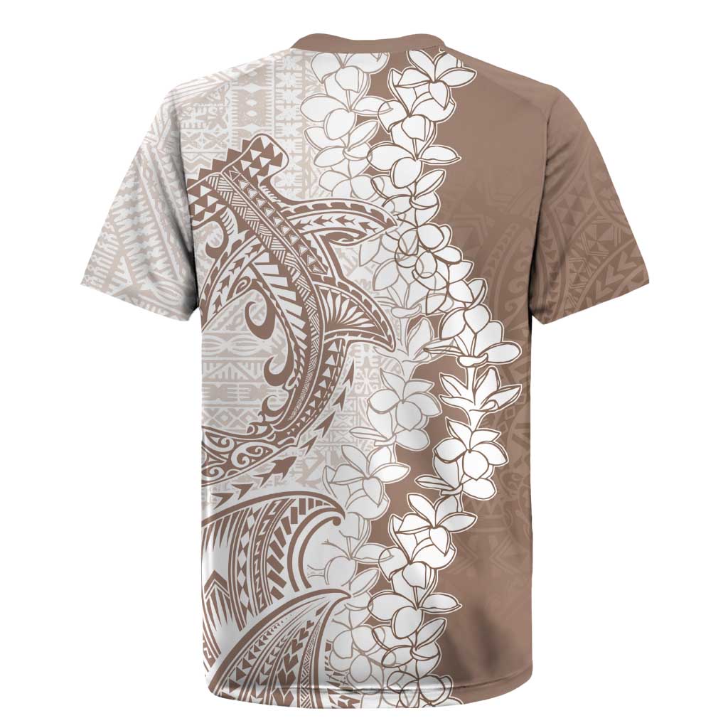 Polynesian Beige Plumeria Lei Rugby Jersey with Hammerhead Shark LT7 - Polynesian Pride