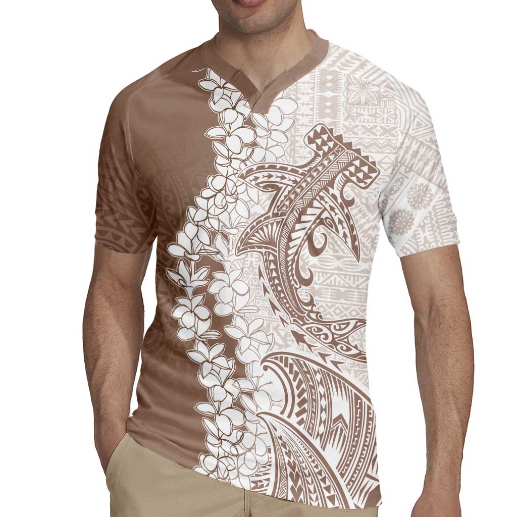Polynesian Beige Plumeria Lei Rugby Jersey with Hammerhead Shark LT7 - Polynesian Pride