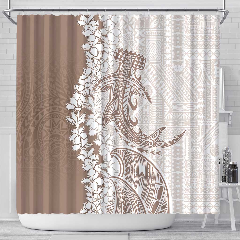 Polynesian Beige Plumeria Lei Shower Curtain with Hammerhead Shark LT7 - Polynesian Pride