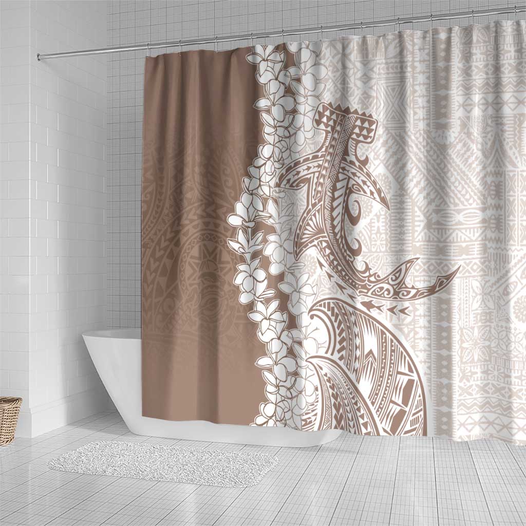 Polynesian Beige Plumeria Lei Shower Curtain with Hammerhead Shark LT7 - Polynesian Pride