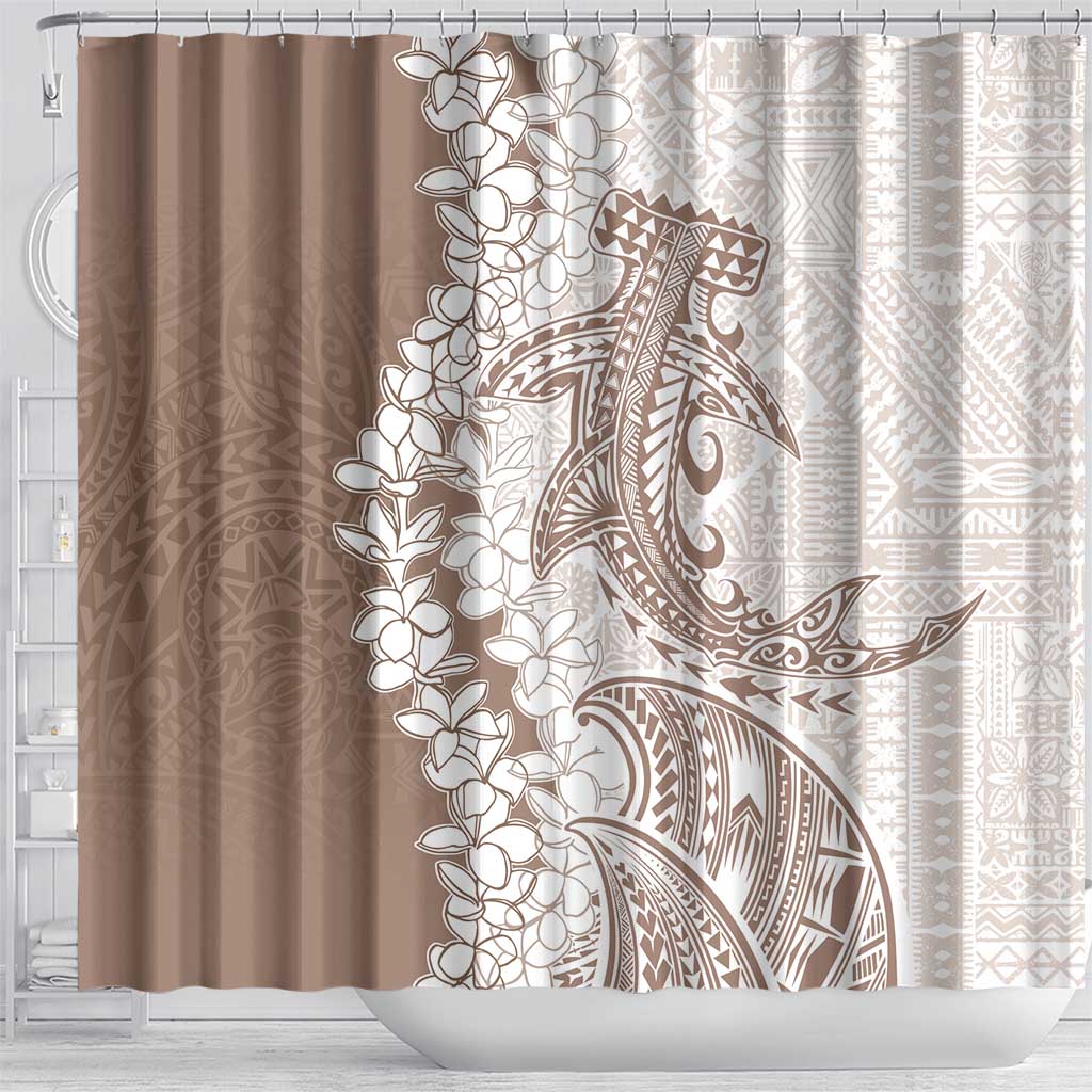 Polynesian Beige Plumeria Lei Shower Curtain with Hammerhead Shark LT7 - Polynesian Pride