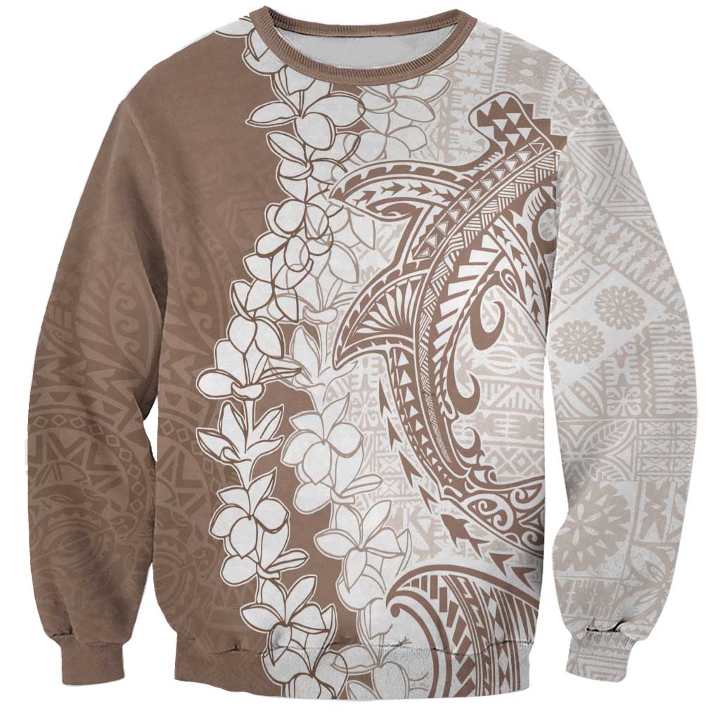 Polynesian Beige Plumeria Lei Sweatshirt with Hammerhead Shark LT7 Unisex Beige - Polynesian Pride