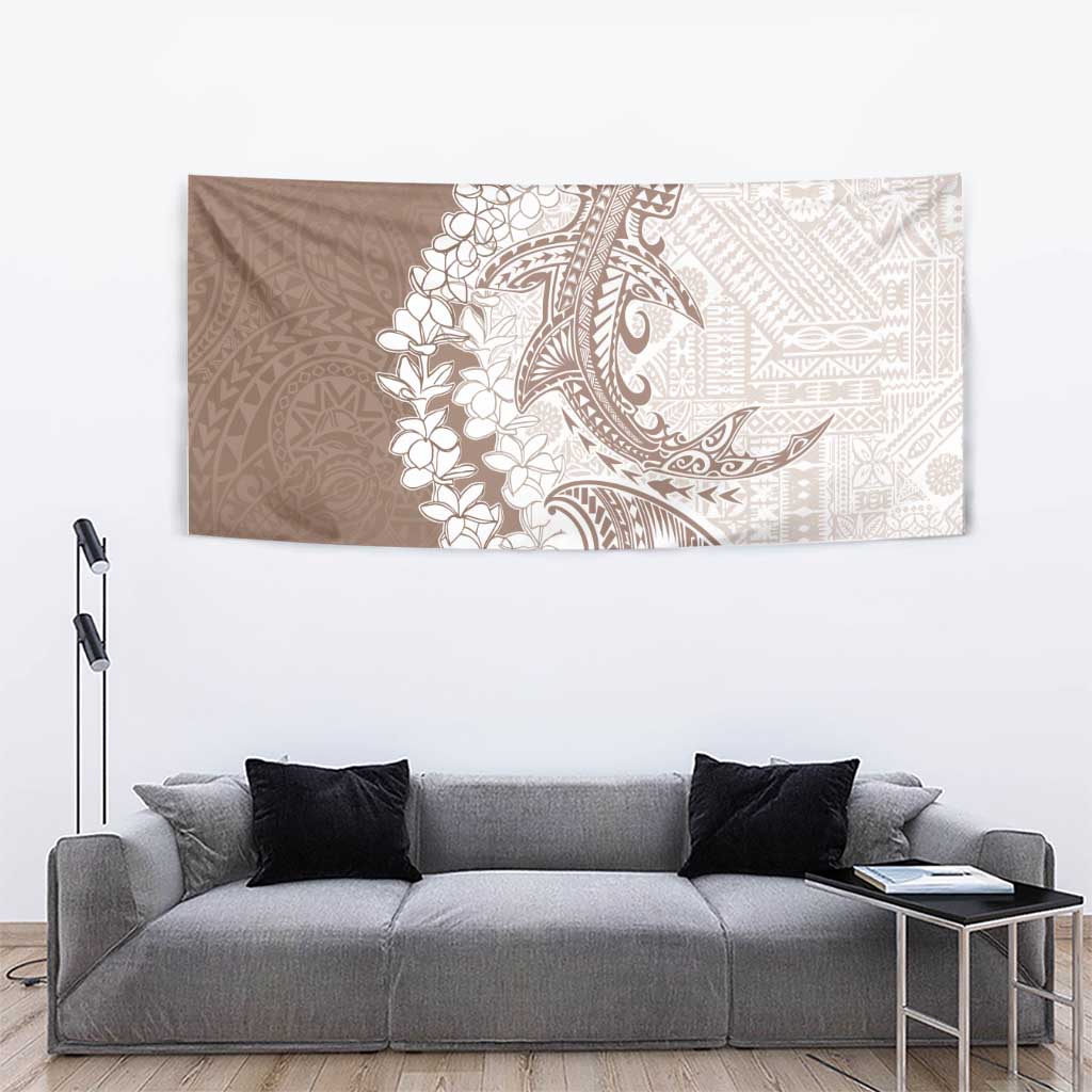 Polynesian Beige Plumeria Lei Tapestry with Hammerhead Shark